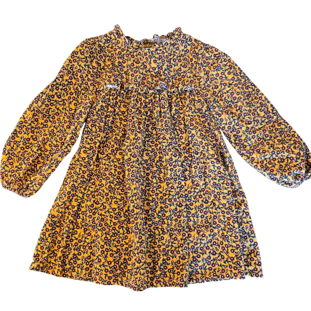 Next SP Girls Mustard Yellow Floral Corduroy Dress Ruffle‎ Neck 2-3 Years